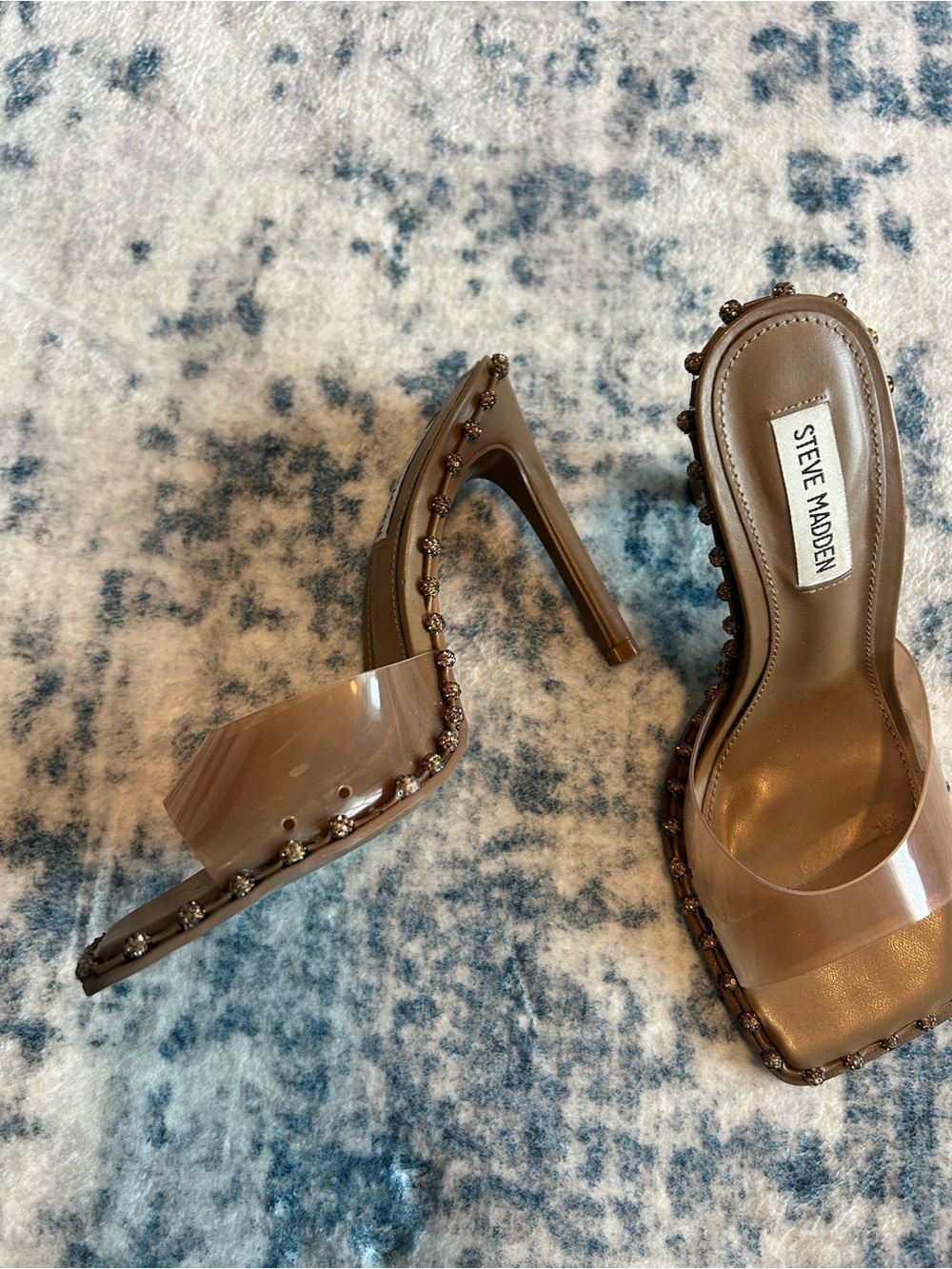 Steve Madden • Tan Clear Strap Stiletto Mule with Embellished Trim - Picture 5 of 6